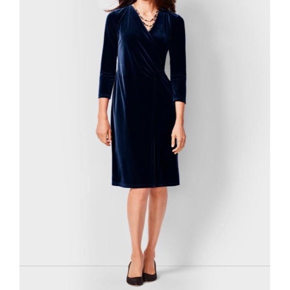 Talbots Womens Black Velvet Faux Wrap Sheath Dress V Neckline size Large - Picture 2 of 11